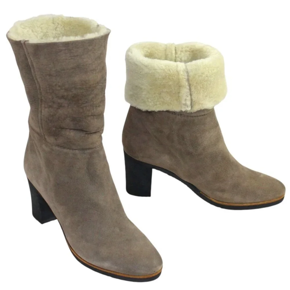 Maison Martin Margiela Taupe Suede Shearling Slip-On Heeled Ankle Boots Size 6
